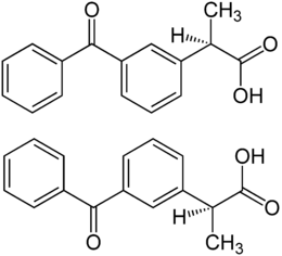 R-kétoprofène (en haut) et S-kétoprofène (en bas)